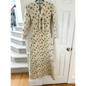 Vintage 1960s Cream Wool & Tan Polka Dot Maxi Hostess Gown